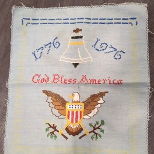Vintage 70s Finished Cross Stitch USA Americana Bicentennial Denim Patch